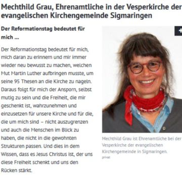 Thumbnail for Stimmen zum Reformationstag: Mechthild Grau, Ehrenamtliche in der Vesperkirche der evangelischen Kirchengemeinde Sigmaringen